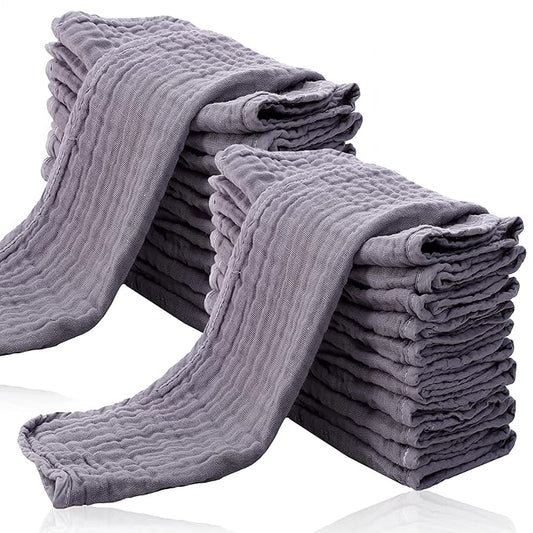 24 Pack Muslin Burp Cloths for Baby - Ultra-Soft 100% Cotton Baby Washcloths - Large 20'' by 10'' Super Absorbent Milk Spit Up Rags - Burpy Cloths for Unisex, Boy, Girl - Grey