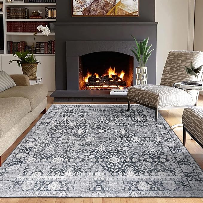 ReaLife Rugs Machine Washable Area Rug - Living Room Bedroom Bathroom Kitchen Entryway Office - Padded Low Pile Stain Resistant Premium - Boho Farmhouse Vintage - Noor - Dark Gray Ivory 5' x 7'