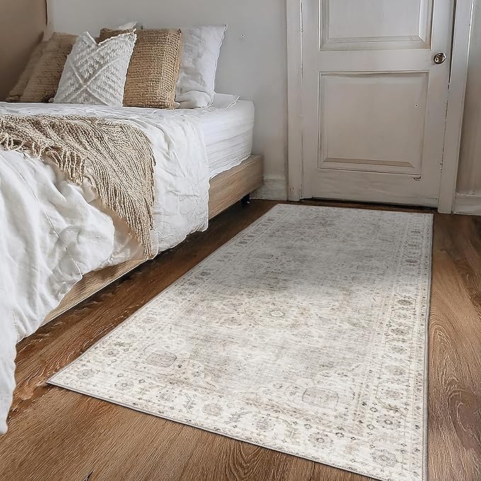ReaLife Rugs Machine Washable Area Rug Runner - Living Room Bedroom Bathroom Kitchen Entryway Office - Padded Low Pile Stain Resistant Premium - Boho Farmhouse Vintage - Joy - Beige Ivory 2'6" x 8'