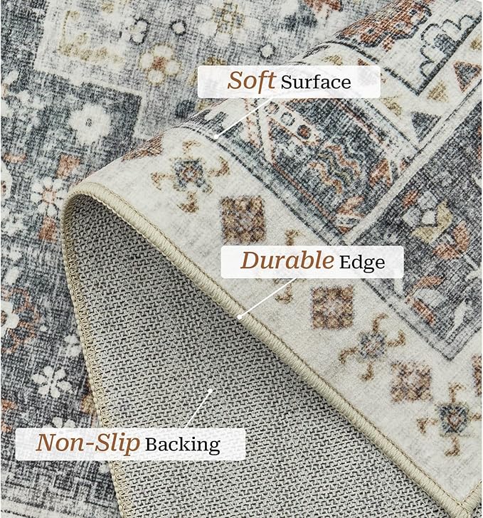 zesthome 6x9 Area Rug, Super Soft Washable Rugs for Living Room, Non-Slip Stain Resistant Vintage Rugs, Ultra-Thin Large Area Rugs (Grey/Orange,6'x9')