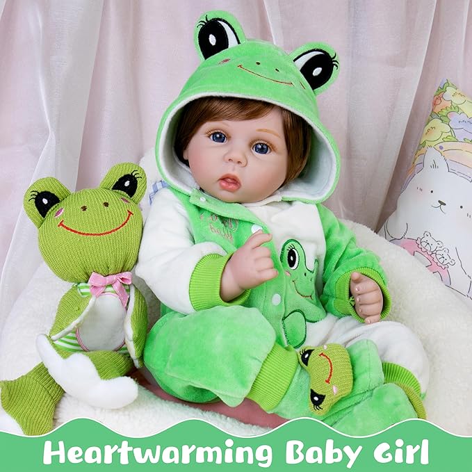 Reborn Baby Dolls 22-Inch Realistic Baby Doll Soft Cloth Body Real Life Baby Dolls with Green Frog Clothes Toys Accessories Birthday Gift Set for Kids 3+