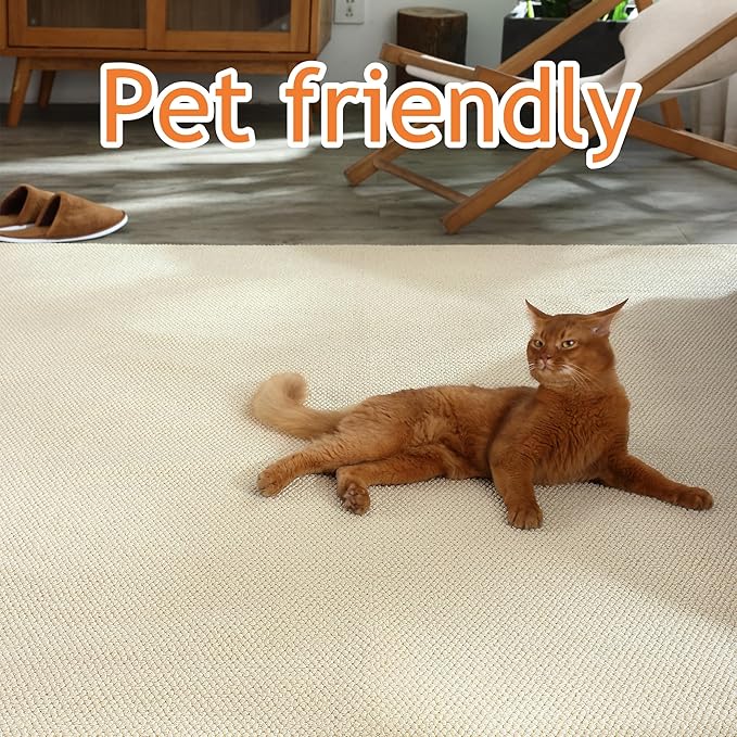 Carvapet 5x7 Solid Rugs for Living Room Bedroom, Washable Off-White Low Pile Jute Carpet with Rubber Backing, Foldable, Non Slip Thin Area Rug