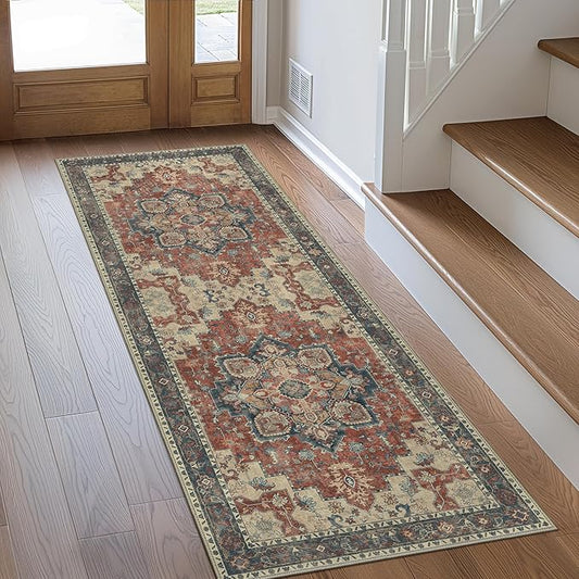GENIMO 2'6''x10 Runner Rugs for Hallway, Machine Washable Non Slip Vintage Rugs, Low Pile Lightweight Soft Print Rug for enrtyway, Corridor, Home Office, Kitchen, Bordeaux
