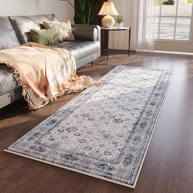 Runner Rug 2'6''x8' Hallway Washable Boho Soft Area Rug Non-Slip Faux Wool Vintage for Kitchen, Entryway, Laundry, Bedroom, Indoor (Grey and White)