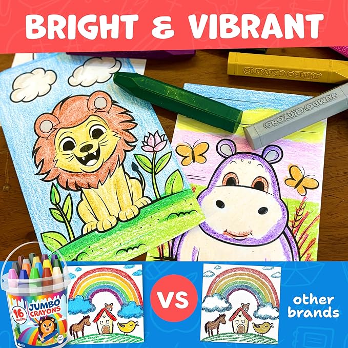 Jumbo Crayons For Toddlers 1-3 - 16pc Toddler Crayons For Kids Ages 4-8 1-3 2-4 - With Printed & PDF Crayon Color Sheets - Non Toxic, Washable, Large & Easy To Grip - Toddler Coloring Art Supplies