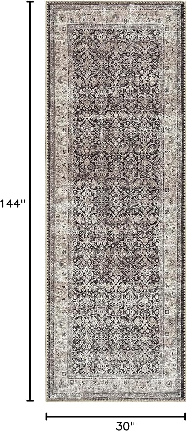 Bloom Rugs Washable Non-Slip 12 ft Runner - Charcoal/Beige Traditional Bordered Runner for Entryway, Hallway, Bathroom, and Kitchen - Exact Size: 2.5' x 12'