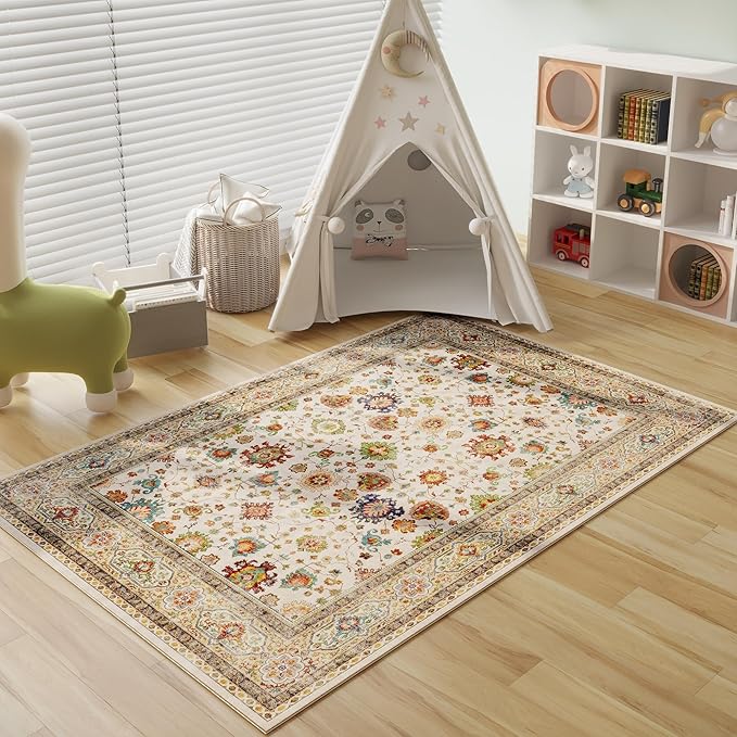 Area Rug 4x6 Rug Washable Boho Rugs Non Slip Low Pile Small Carpet for Bedroom, Bedside, Kids Room, Office, Dining Room (Colorful)