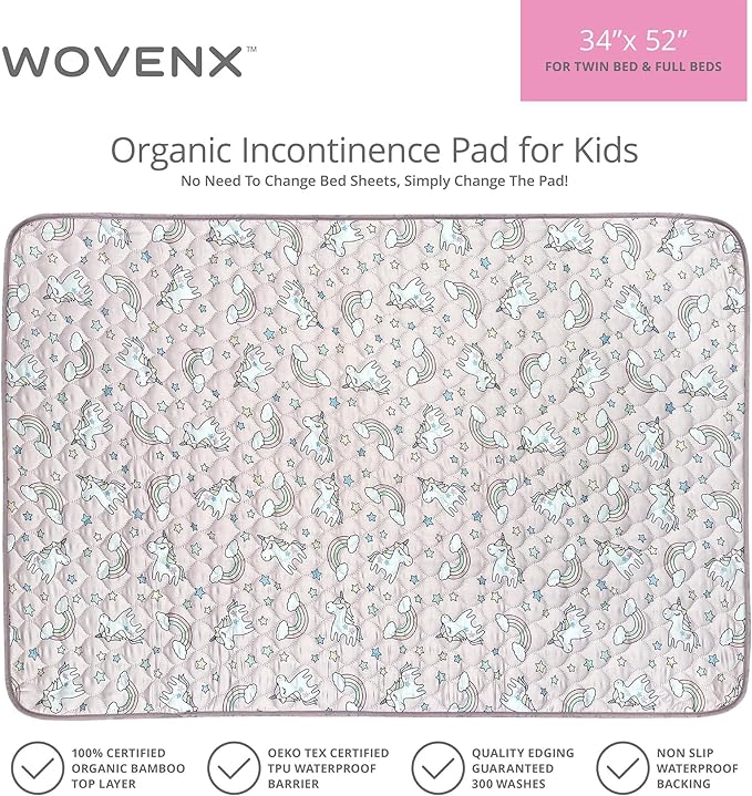 Organic Incontinence Pads for Kids & Toddlers - 5 Layer Waterproof Protectors for Overnight Bed Wetting - Reusable & Washable Pee Pads - Fits Twin to Full Size Beds - 34" x 52" Unicorn