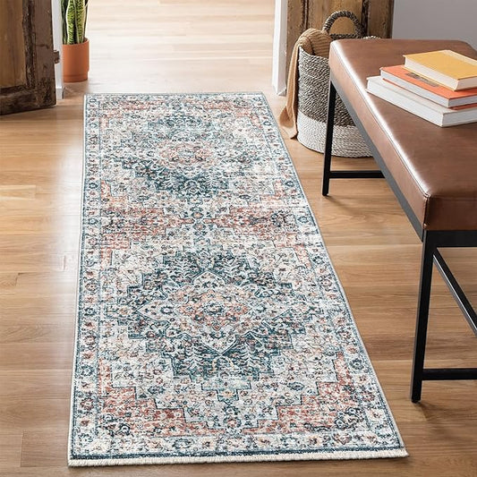 Bloom Rugs Caria Washable Non-Slip 7 ft Runner - Terracotta/Teal Traditional Runner for Entryway, Hallway, Bathroom, and Kitchen - Exact Size: 2'6" x 7'
