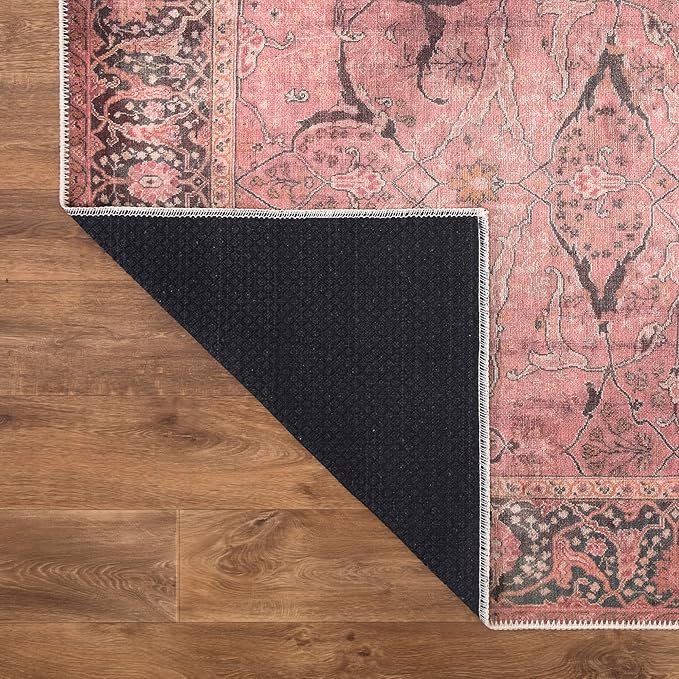 Bloom Rugs Washable Non-Slip 9' x 12' Rug - Soft Pink Traditional Bordered Area Rug for Living Room, Bedroom, Dining Room, and Kitchen - Exact Size: 9' x 12'