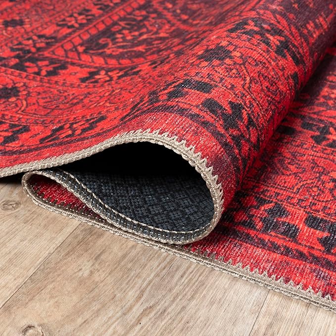 Bloom Rugs Washable Non-Slip 7 ft Runner - Red Traditional Bordered Runner for Entryway, Hallway, Bathroom, and Kitchen - Exact Size: 2.5' x 7'