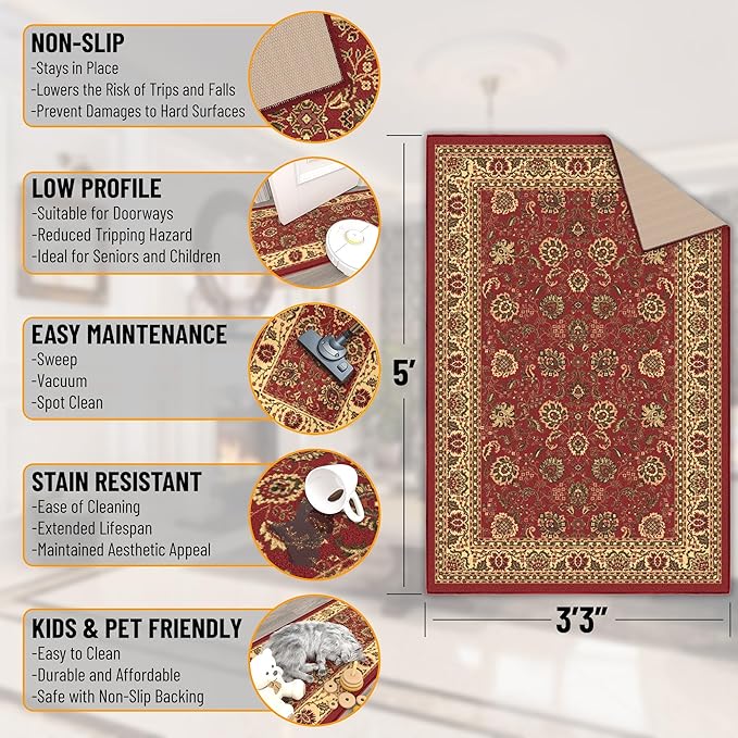 Ottomanson 3'3" x 5' Rugs for Living Room Oriental Area Rug for Bedroom - Non Slip Durable Large Floor Carpet for High Traffic Areas - Indoor Rug for Dining Room Kitchen Kids Playroom, Red