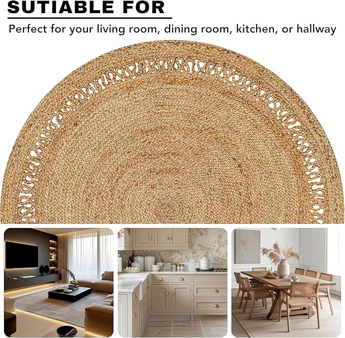 Hand Woven Farmhouse Jute Area Rug 3 Ft Round Natural Yarn, Rustic Vintage Beige Braided Reversible Rug, Eco Friendly Rugs for Bedroom, Kitchen, Living Room, Farmhouse 100% Jute Rug