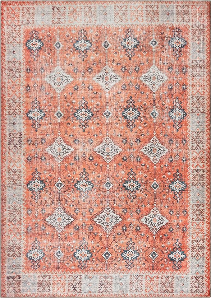 Bloom Rugs Washable Non-Slip 9' x 12' Rug - Orange Traditional Bordered Area Rug for Living Room, Bedroom, Dining Room, and Kitchen - Exact Size: 9' x 12'
