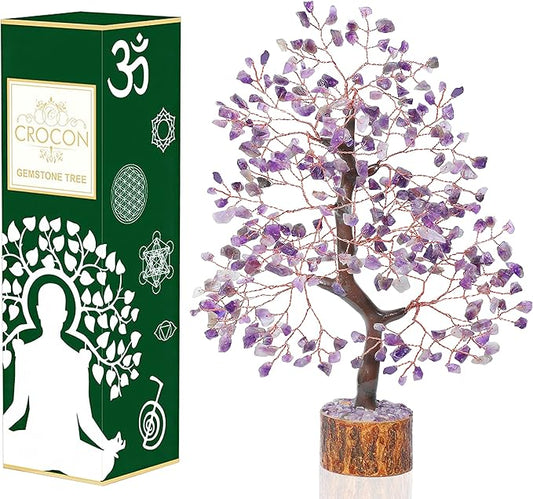 Crocon Amethyst Gemstone Tree Feng Shui Figurine Money Bonsai Chakra Balancing Good Luck Reiki Healing Crystals Decoration Ornament Sculpture Prosperity Table Decor Gift Size 10-12"