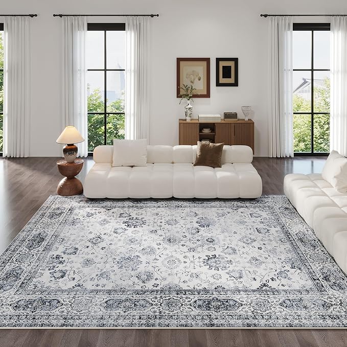 Area Rugs 8x10 Rug for Living Room Washable Boho Area Rug Non Slip Soft Vintage Low Pile Large Rug for Living Room, Bedroom, Farmhouse, Dining Room, Kids Playroom(Grey and White)