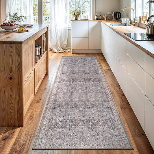 Bloom Rugs Washable Non-Slip 7 ft Runner - Gray Traditional Bordered Runner for Entryway, Hallway, Bathroom, and Kitchen - Exact Size: 2.5' x 7'