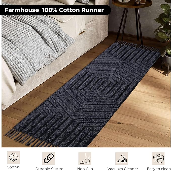 Boho Bathroom Rug 2' x 6', Washable Hand-Woven Tufted Cotton with Tassels, Farmhouse Kitchen Mat for Foyer, Bedroom, Back Door Décor - Dark Grey