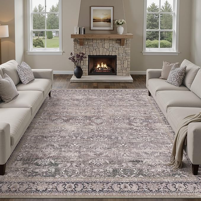 8x10 Purple Area Rug for Living Room Washable Vintage Distressed Carpet Large Bedroom Low Pile Non Slip Indoor Soft Retro Throw Accent Rug Office Kitchen Bathroom Dining Room