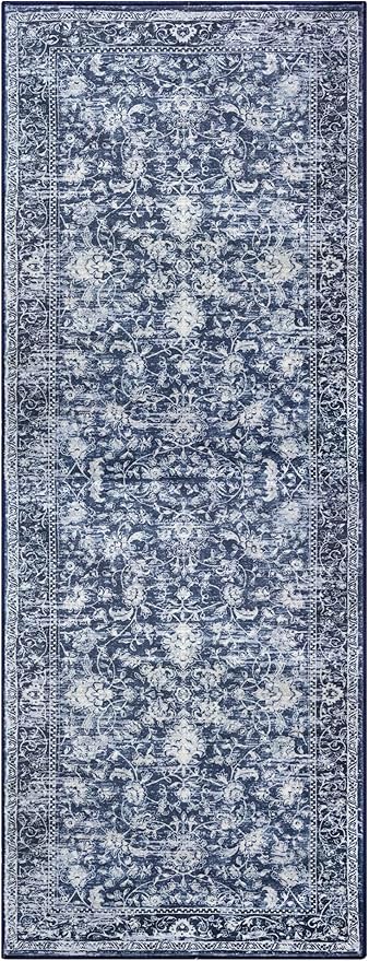 KILOCOCO Hallway Runner 2x7 Rug Runner Printed Vintage Floral Washable Kitchen Runners Non-Slip Rubber Backed Runners for Hallways Laundry Room Distressed Boho Rugs for Entryway Bedroom, Blue