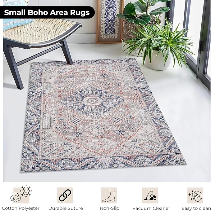 Washable Soft Small Boho Area Rugs,Rags Rug, Printed Carpet Chennile Rugs for Living Room 27x45 inch Beige Grey Multi,Machine Washable Printed Rugs - 30% Cotton, 70% Polyester