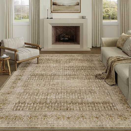 Brown 8x10 Area Rug for Living Room Washable Vintage Distressed Large Carpet Bedroom Low Pile Non Slip Indoor Soft Retro Throw Accent Rug Office Kitchen Bathroom Dining Room