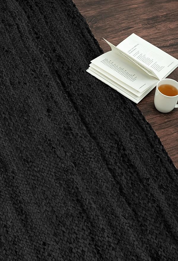 HOMEMONDE Handcrafted Woven Rectangle Jute Rug - Rustic Vintage Braided Reversible - Farmhouse Indoor Floor - Eco Friendly for Kitchen/Hallway/Living Room/Bedroom (Black, 2.3'x4'')