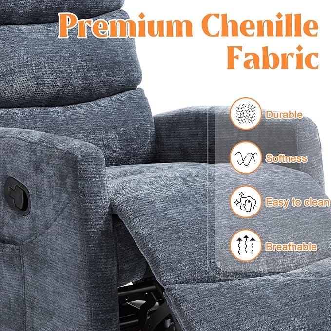 Manual Swivel Rocker Recliner Chair with Massage, Overstuffed Recliner Glider with Vibration Massage and Heat for Nursery, Living Room Reclining Sofa Chair, Fabric Blue