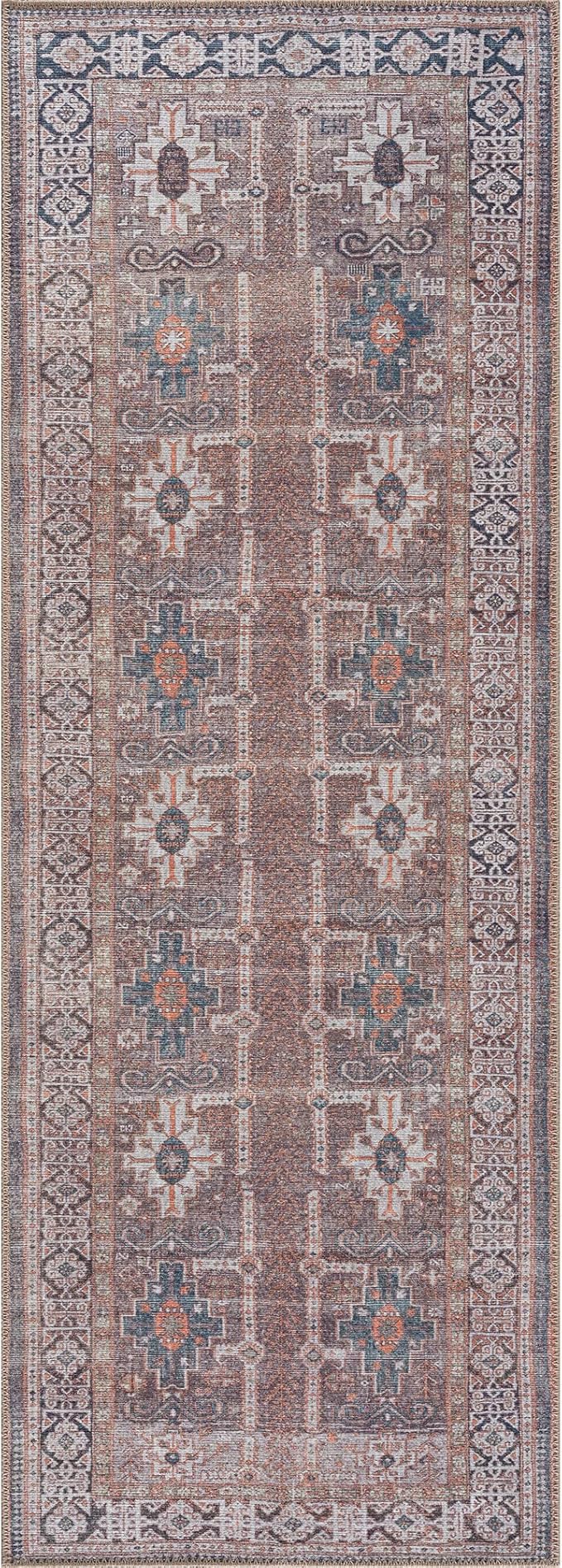 Bloom Rugs Washable 10 ft Runner - Brown/Blue/Orange Traditional Runner for Entryway, Hallway, Bathroom, and Kitchen - Exact Size: 2.5' x 10'