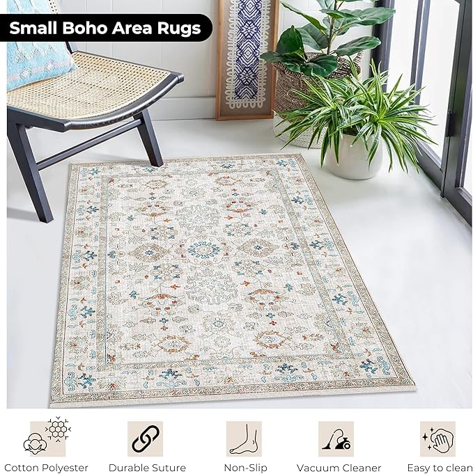 Washable Soft Small Boho Area Rugs, Rags Rug, Printed Carpet Chennile Rugs for Living Room 27x45 inch Cream Rust Multi,Machine Washable Printed Rugs - 30% Cotton, 70% Polyester