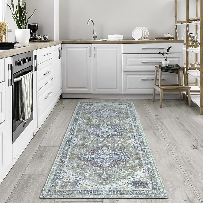 Bloom Rugs Washable Non-Slip 10 ft Runner - Green/Blue Traditional Medallion Runner for Entryway, Hallway, Bathroom, and Kitchen - Exact Size: 2.5' x 10'