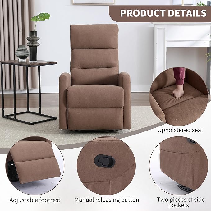 360° Swivel Rocking Chair for Nursery, Manual Glider Chair Nursing Chair with Side Pockets, Polyester Glider for Living Room, Heavy Duty Motion Mechanism, Brown