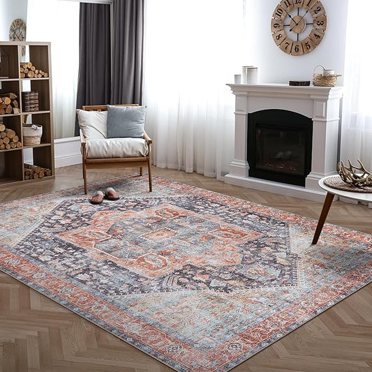 Bloom Rugs Washable Non-Slip 8' x 10' Rug - Terracotta/Blue Traditional Medallion Area Rug for Living Room, Bedroom, Dining Room, and Kitchen - Exact Size: 8' x 10'