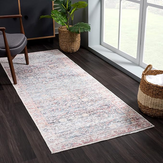 Bloom Rugs Caria Washable Non-Slip 7 ft Runner - Ocean Blue/Brick Traditional Runner for Entryway, Hallway, Bathroom, and Kitchen - Exact Size: 2'6" x 7'
