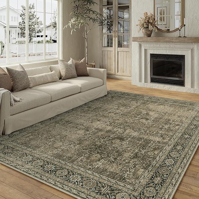 Vintage Area Rug 8x10 Light Brown Washable Living Room Bedroom Indoor Carpet Tribal Distressed Retro Accent Throw Rug for Office Dining Room Bathroom Faux Wool