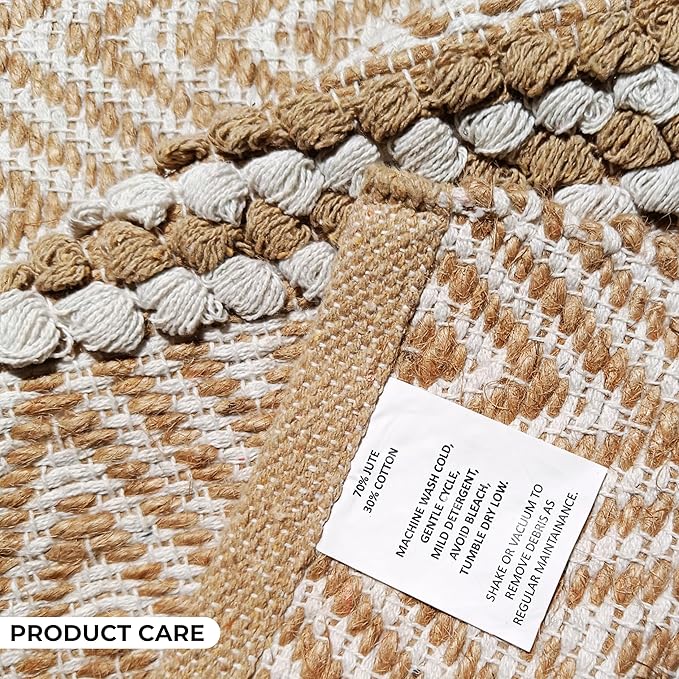 Natural Jute Cotton Area Rug 5x7 FT - Machine Washable, Neutral Ivory, Durable Eco-Friendly Farmhouse Living Room Bedroom Carpet - 70% Jute 30% Cotton Textured Stripe Entryway Rug