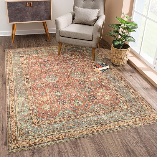 Bloom Rugs Washable Non-Slip 6' x 9' Rug - Terracotta/Mustard Traditional Area Rug for Living Room, Bedroom, Dining Room, and Kitchen - Exact Size: 6' x 9'