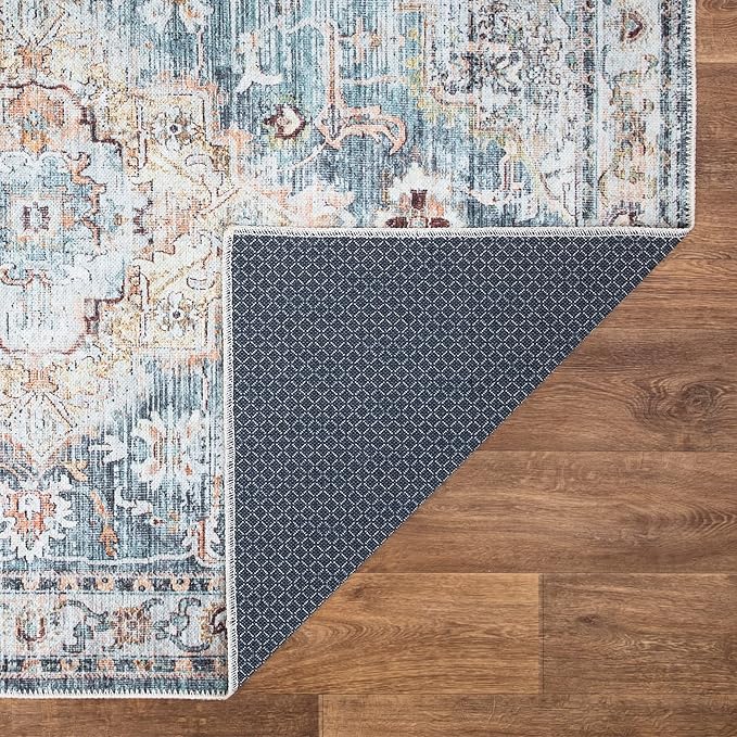 Bloom Rugs Washable Non-Slip 7 ft Runner - Teal/Peach Traditional Runner for Entryway, Hallway, Bathroom, and Kitchen - Exact Size: 2.5' x 7'