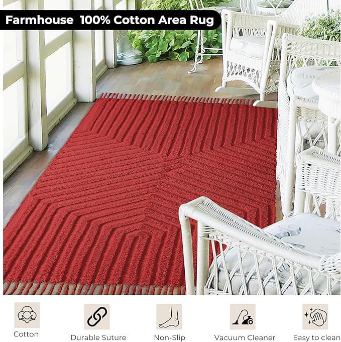 Boho Rugs for Living Room 4x6, Farmhouse Cotton Area Rug for Bedroom, Washable Tufted Indoor Floor Carpet for Kitchen Dorm Office Dining Room Office Home Decor, Rust Bricks