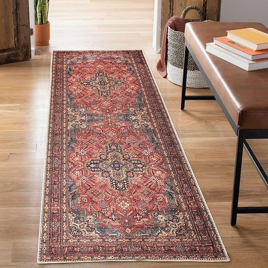 Bloom Rugs Washable Non-Slip 7 ft Runner - Red/Teal Blue/Yellow Traditional Medallion Runner for Entryway, Hallway, Bathroom, and Kitchen - Exact Size: 2.5' x 7'
