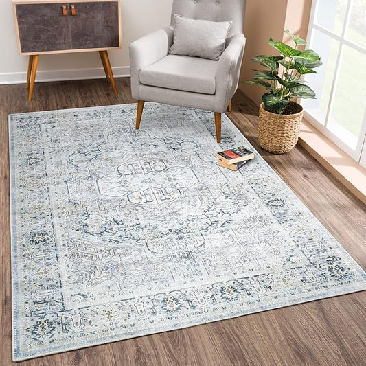 Bloom Rugs Washable Non-Slip 5' x 7' Rug - Cream/Light Blue/Teal Traditional Medallion Area Rug for Living Room, Bedroom, Dining Room, and Kitchen - Exact Size: 5' x 7'