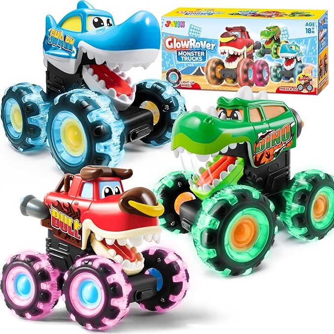 JOYIN 3 Pack Monster Truck Toy - Motion Activated Light-Up Cars for Toddlers - Monster Treads Lightning Wheels - Baby Toy Present - Press & Go Cars for Boys Girls Birthday Gifts for Christmas