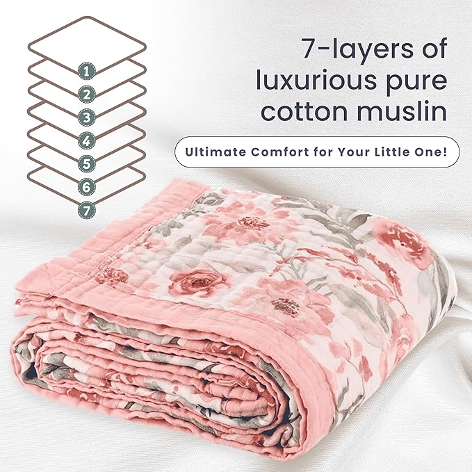 100% Cotton Muslin Baby Blanket - Large Reversible Receiving Blankets for Baby Girls, Soft & Lightweight, Perfect Muslin for Newborns, Infants & Toddlers, 7 Layers Design, Machine Washable, Pink