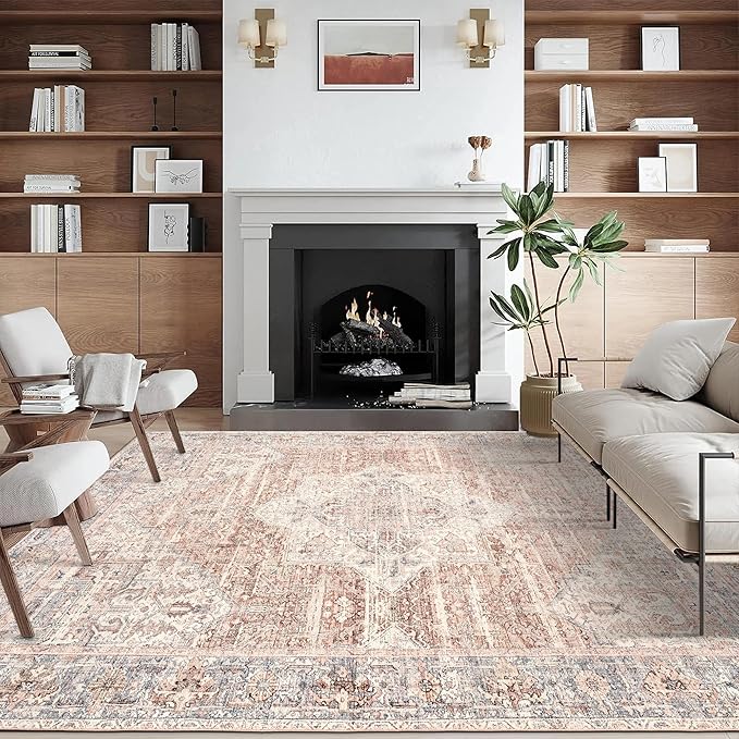 ReaLife Rugs Machine Washable Area Rug - Living Room Bedroom Bathroom Kitchen Entryway Office - Padded Low Pile Stain Resistant Premium - Boho Farmhouse Vintage - Lyle - Gray Ivory Blush 7'6" x 9'6"