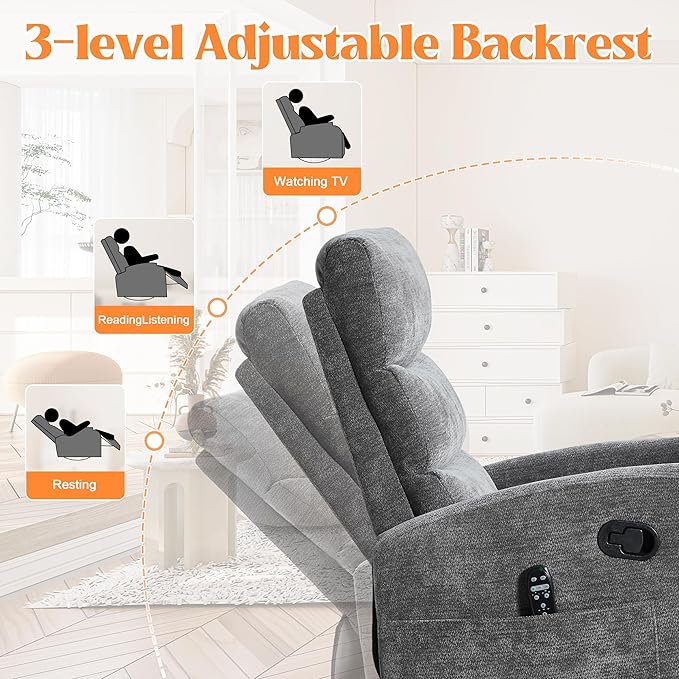 Manual Swivel Rocker Recliner Chair with Massage, Overstuffed Recliner Glider with Vibration Massage and Heat for Nursery, Living Room Reclining Sofa Chair, Fabric Dark Gray