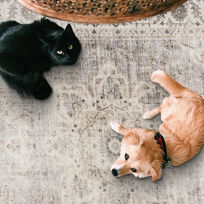 ReaLife Rugs Machine Washable Area Rug Runner - Living Room Bedroom Bathroom Kitchen Entryway Office - Padded Low Pile Stain Resistant Premium - Boho Farmhouse Vintage - Joy - Beige Ivory 2'6" x 10'