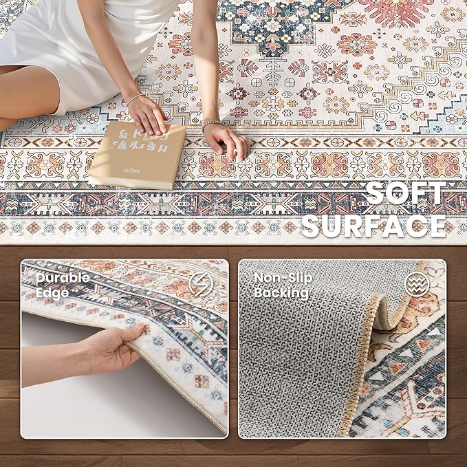 zesthome 5x7 Area Rugs - Ultra-Thin Washble Rug, Stain Resistant Anti Slip Backing Rugs for Living Room,Bedroom, Vintage Home Decor Area Rug (Multi,5'x7')