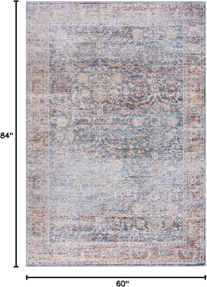 Bloom Rugs Caria Washable Non-Slip 5x7 Rug - Ocean Blue/Brick Traditional Area Rug for Living Room, Bedroom, Dining Room, and Kitchen - Exact Size: 5' x 7'