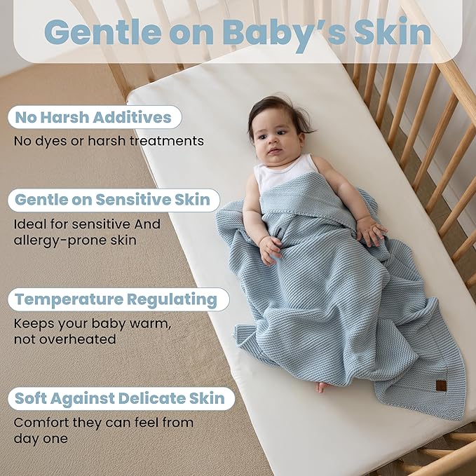 100% Organic Cotton Baby Knitted Blanket in Gift Box - Soft Toddler, Crib, Stroller Blanket - Neutral Swaddle and Receiving for Newborns, 30"x40", Baby Blue