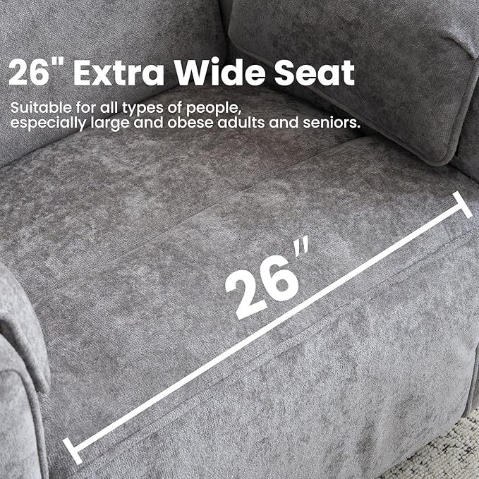 Oversized Power Recliner Chair Swivel Glider with Adjustable Headrest, Swivel Rocking Recliner Chair for Adults, 26" Extra Wide Glider Nursery Chair with Overstuffed Armrest, USB Ports, Grey
